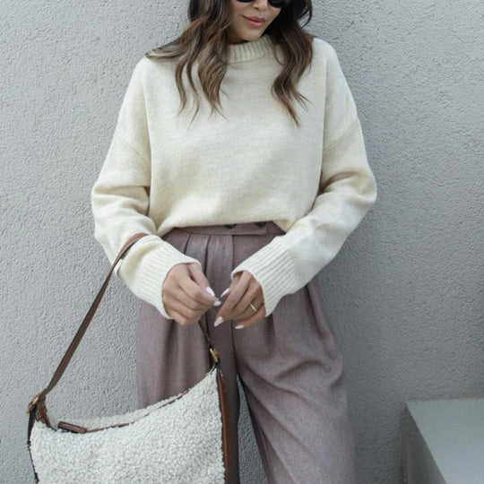 Damen Oversize-Feinstrickpullover mit kurzem Rumpf und geripptem Stehkragen Shop Nory