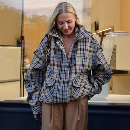 Damen Oversize-Karomantel im Boxy‑Schnitt mit Reißverschluss und Schulterklappen Shop Nory