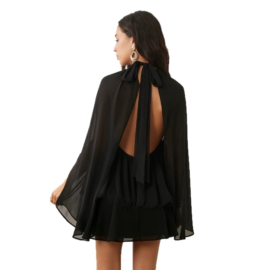 Damen Chiffon-Minikleid mit geraffter Blusentunika, Stehkragen und Volantrock Shop Nory