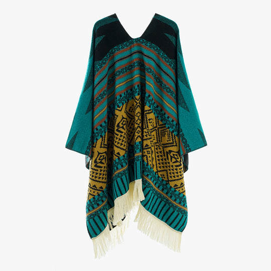 Damen Jacquard‑Ruana im Deckenstil mit V‑Ausschnitt, geometrischem Ethno‑Muster und Fransensaum Shop Nory