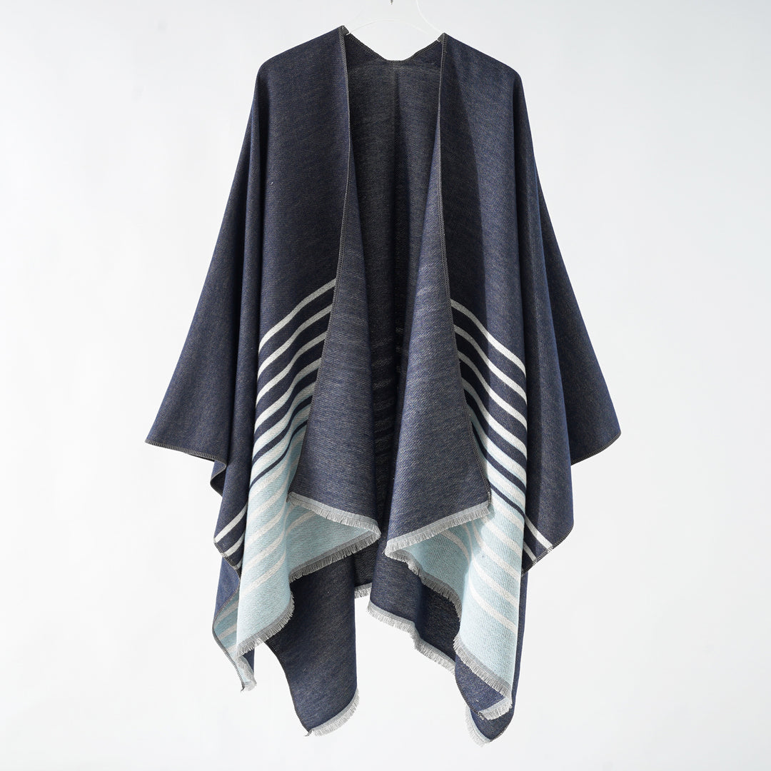 Damen Oversize-Umhangponcho im kastigen Fall mit diagonalem Streifenpanel und feinfransigem Saum Shop Nory