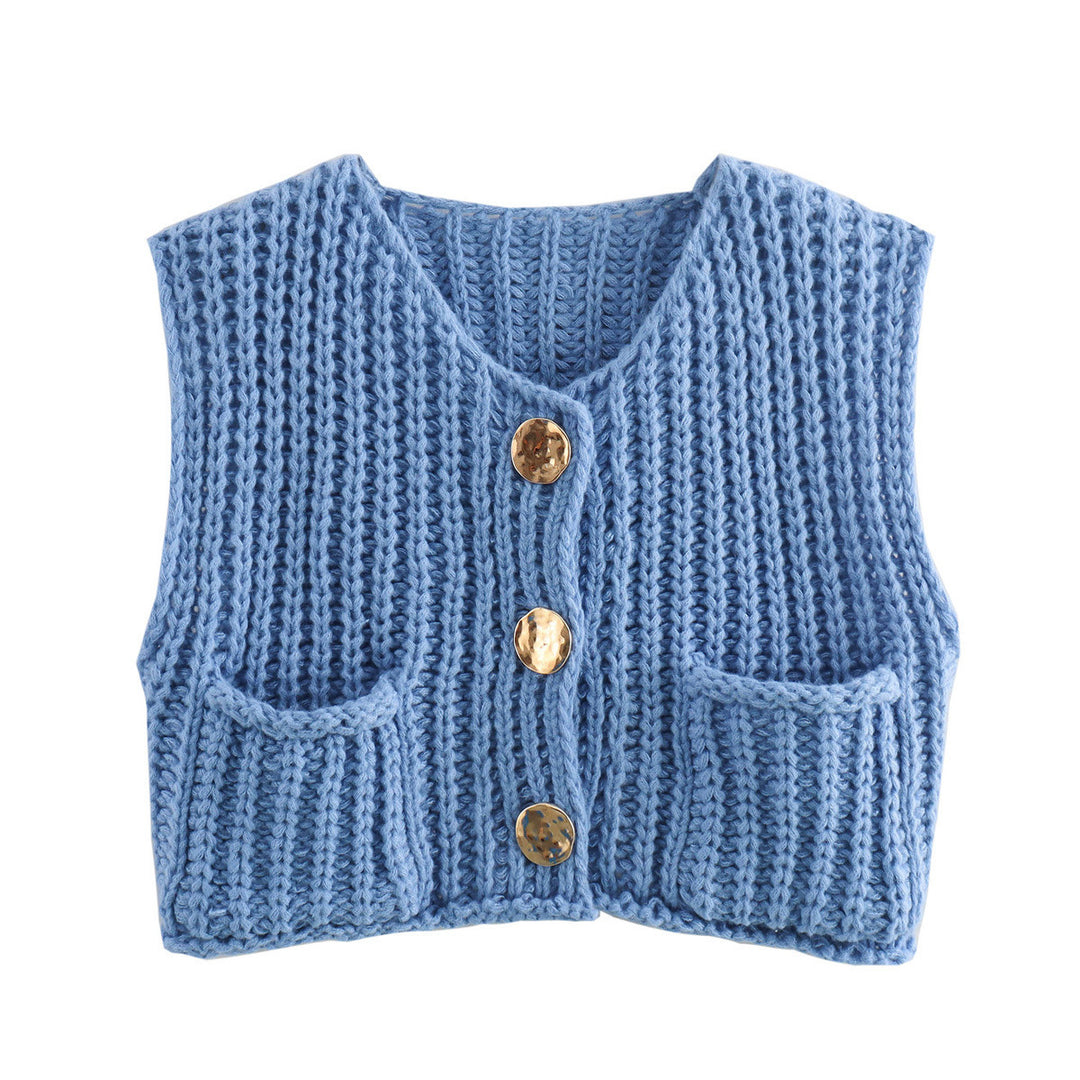 Damen Kurzgeschnittene Ärmellose Strickweste mit V-Ausschnitt und Zierknöpfen Shop Nory