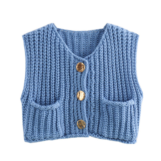 Damen Kurzgeschnittene Ärmellose Strickweste mit V-Ausschnitt und Zierknöpfen Shop Nory