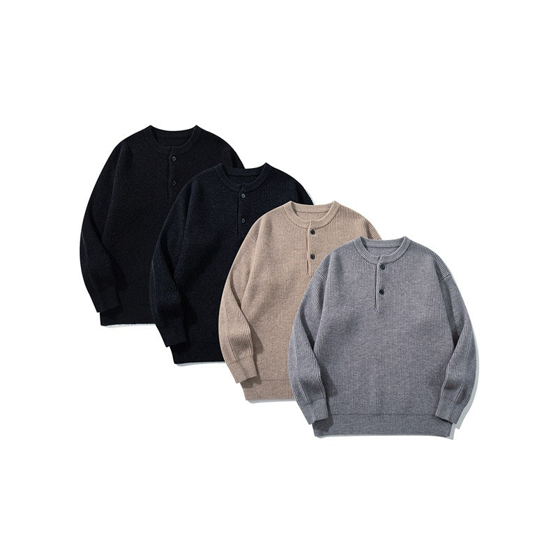 Herren Grobstrick-Henley-Pullover mit halber Knopfleiste und Rippbündchen Shop Nory