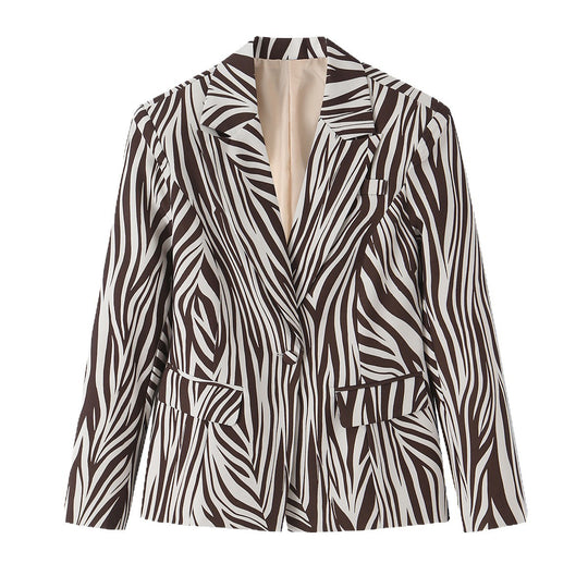 Damen Taillierter Zebra-Print Blazer mit Reverskragen und Pattentaschen Shop Nory