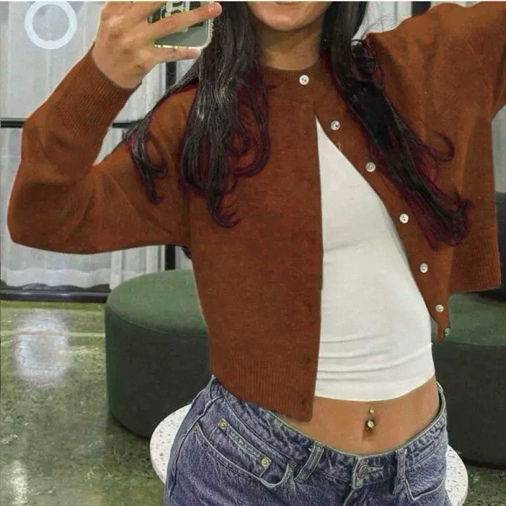 Damen Kurzgeschnittener Knopf-Cardigan im Cropped-Stil mit Rundhalsausschnitt Shop Nory