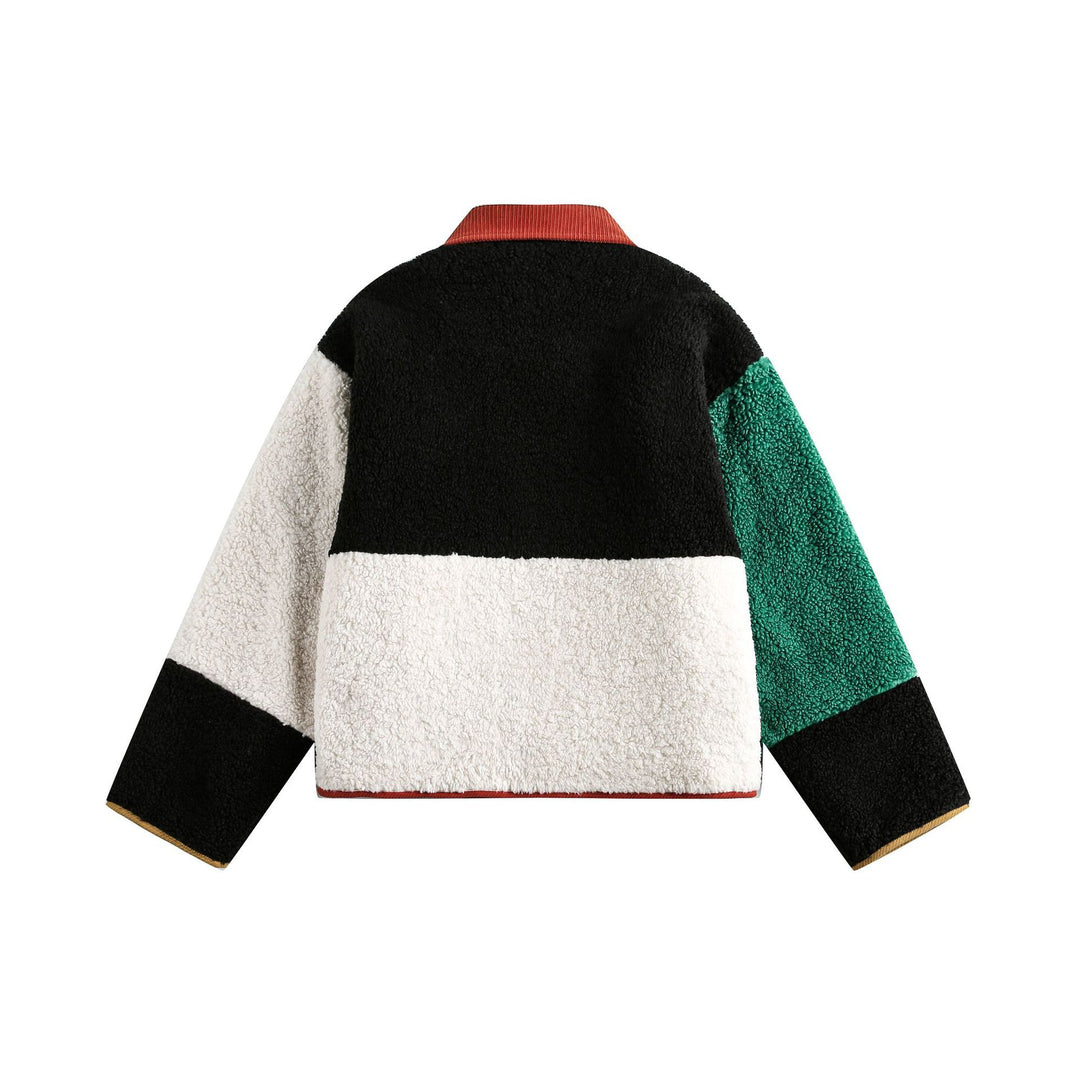 Unisex Boxy Patchwork Sherpa-Fleecejacke mit Cordkragen und aufgesetzten Taschen Shop Nory