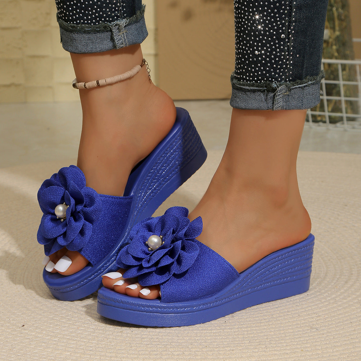 Damen Wedge-Pantoletten mit blütenförmigem Design und bequemer Sohle Shopnory