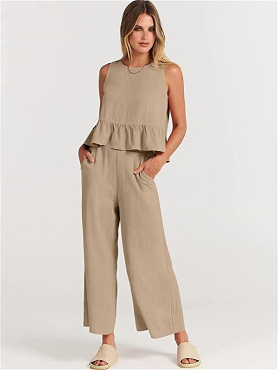 Damen Zweiteiler-Set mit schickem Peplum-Oberteil und weit geschnittenen Hosen