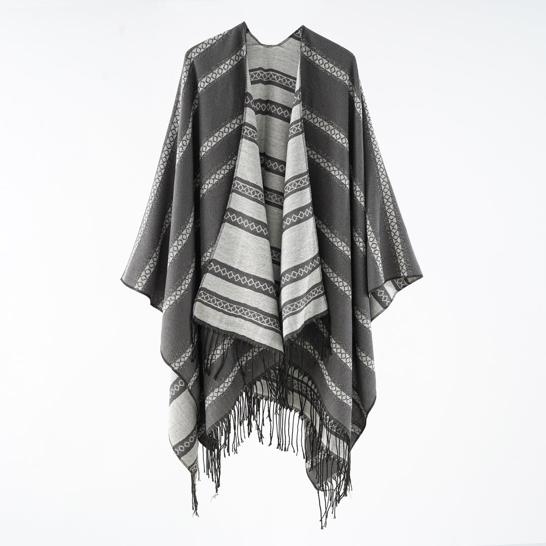 Damen Wollmix-Wickelponcho im Jacquardstreifen mit Fransen Shop Nory