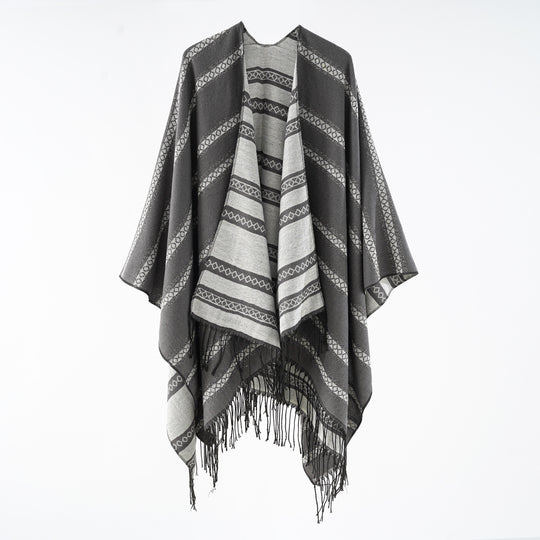 Damen Wollmix-Wickelponcho im Jacquardstreifen mit Fransen Shop Nory