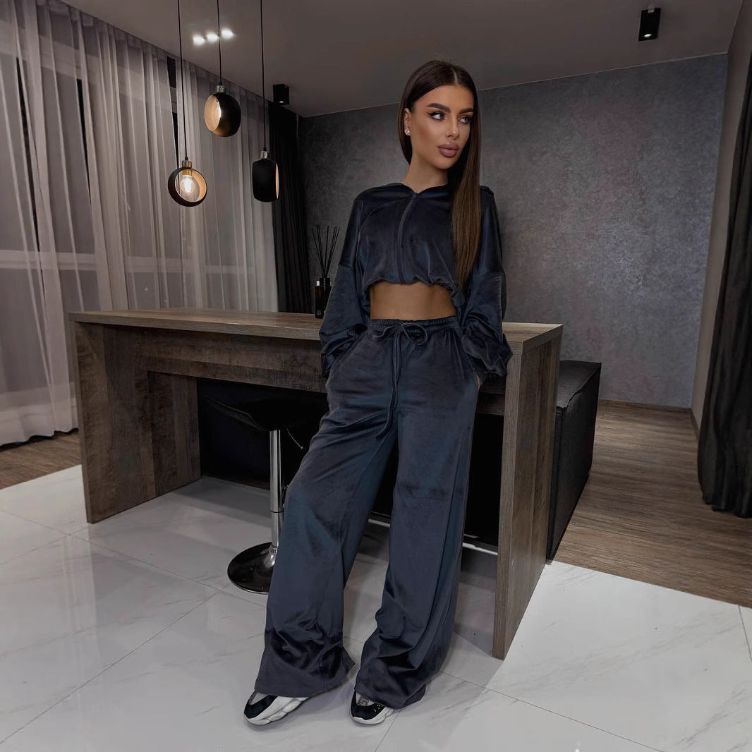 Damen luxuriöses Velours-Cropped-Hoodie und High-Waist Weite Jogginghose Set Shop Nory