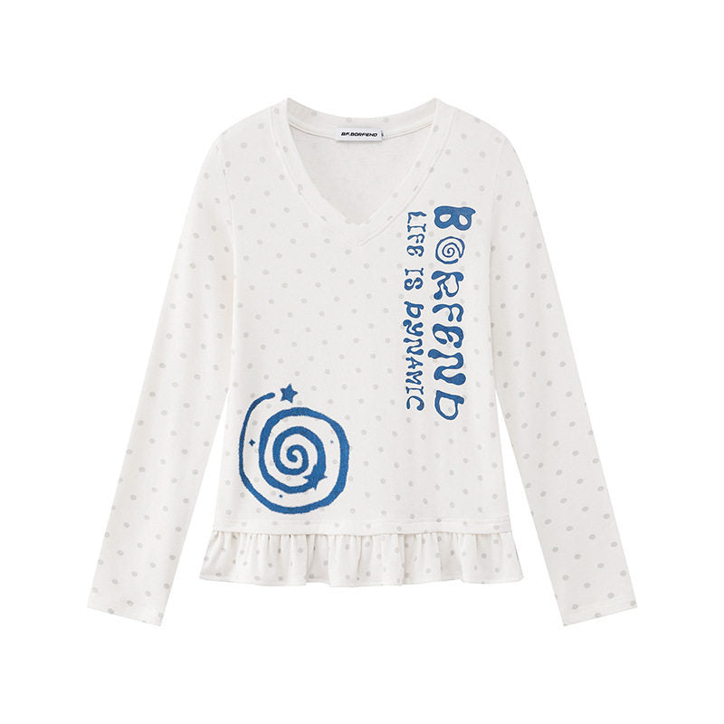 Damen Langarmshirt mit V-Ausschnitt, Rüschen-Saum und grafischem Spiralmotiv Shop Nory