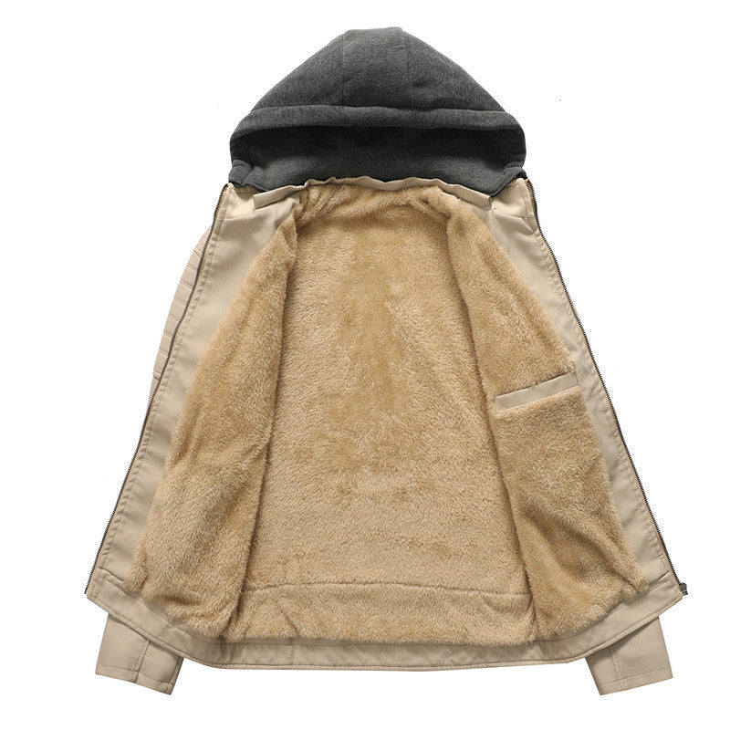 Herren Kunstleder-Hoodie-Blouson mit Teddyfutter, gesteppter Ärmelpasse und Kapuzenlayer Shop Nory