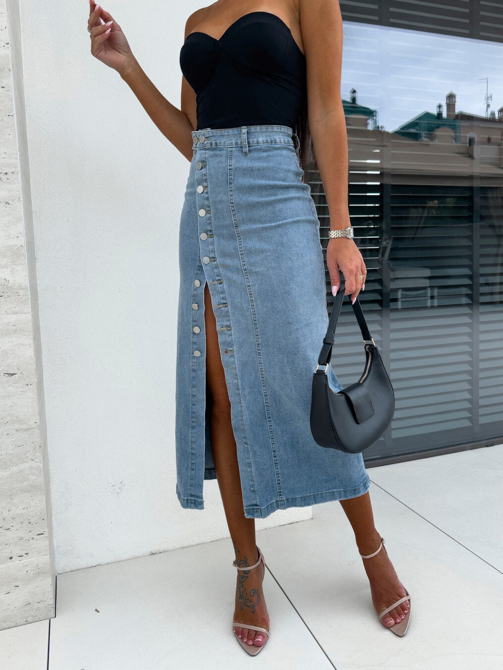Damen Midi-Rock mit seitlichem Schlitz und Knopfdetail