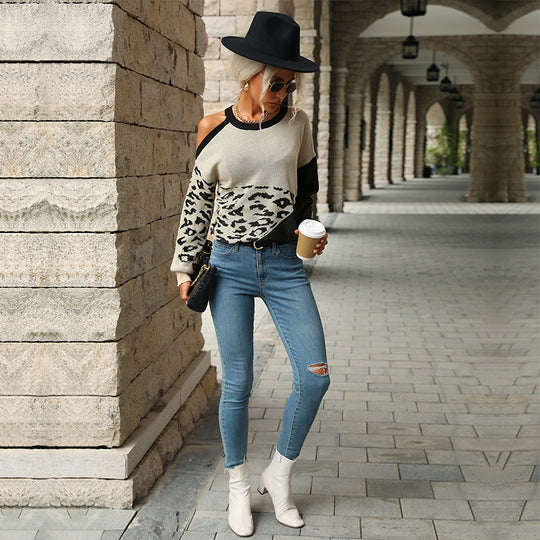 Damen Colorblock-Strickpullover mit Leoprint und Rundhalsausschnitt Shop Nory