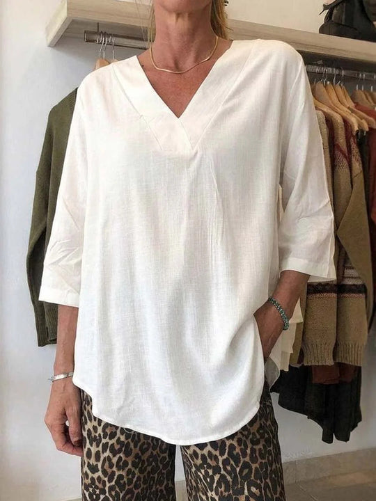 Damen Leichte Oversize V-Ausschnitt Tunika in Leinenoptik mit dreiviertel Ärmeln und abgerundetem Saum Shop Nory