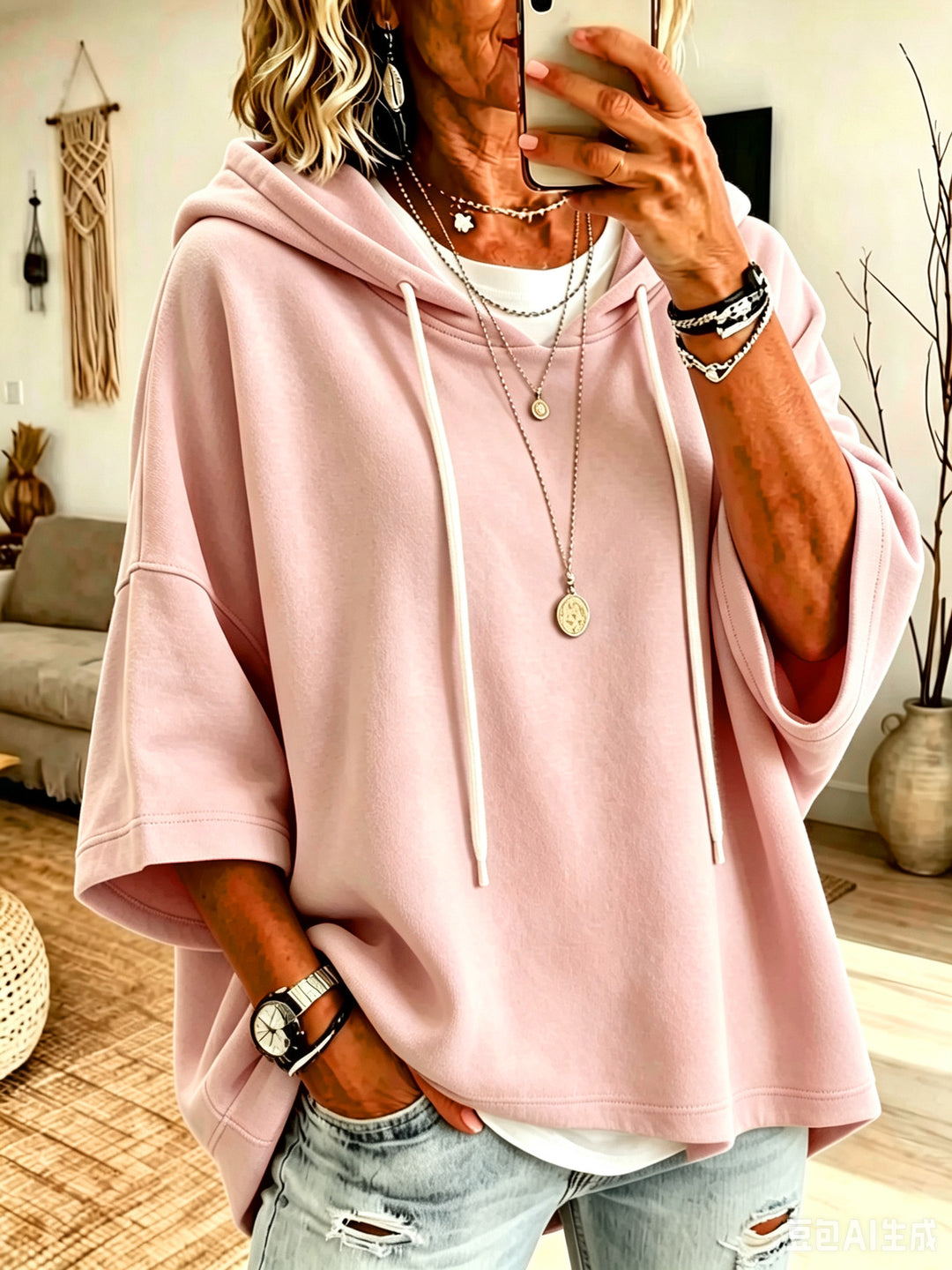 Damen Kurzarm-Oversize-Hoodie mit Kapuze und Kontrastkordel Shop Nory