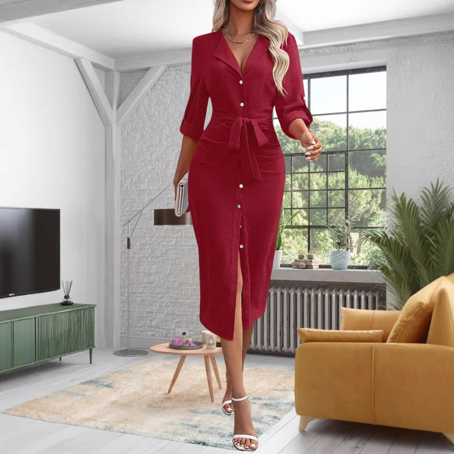 Damen Hemdblusenkleid mit Taillengürtel, Umschlagärmeln und vorderem Schlitz Shop Nory