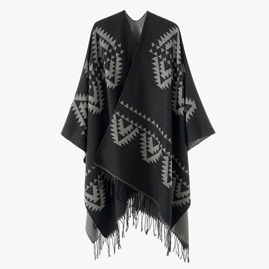 Damen Grobgewebter Jacquard-Umhang im Oversize mit Zipfelsaum und Fransensaum Shop Nory
