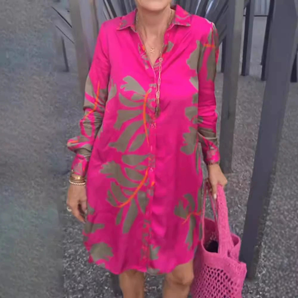 Damen nan kurzes Tunika-Hemdkleid in Satinoptik mit großflächigem Blattprint, Hemdkragen und lockerer A-Linie Shopnory