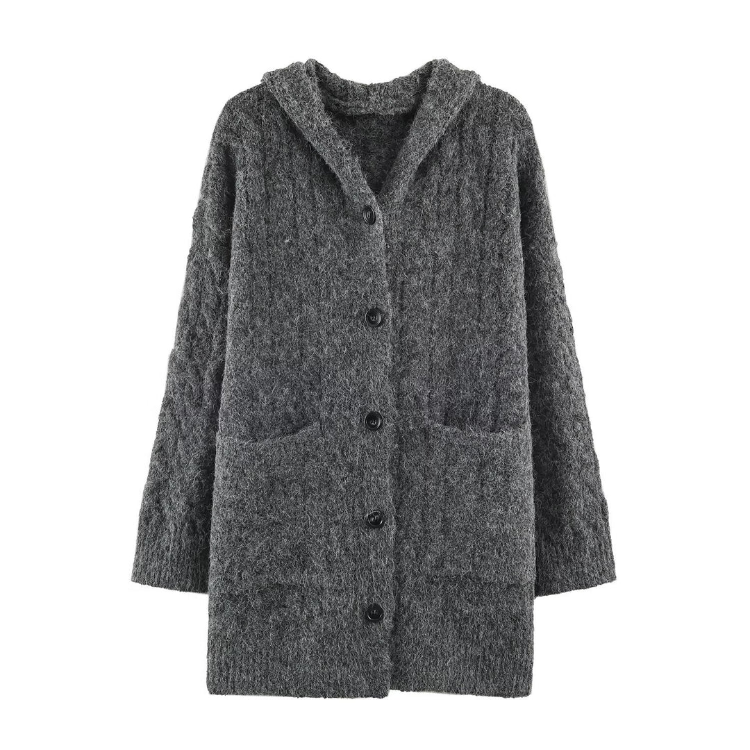 Damen Langgestrickter Kapuzen-Cardigan mit Zopfmuster und Knopfleiste Shop Nory