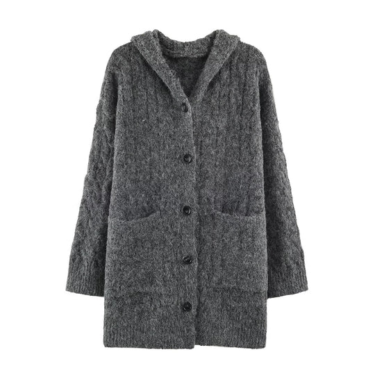 Damen Langgestrickter Kapuzen-Cardigan mit Zopfmuster und Knopfleiste Shop Nory