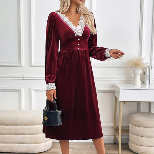 Damen Elegantes Samtkleid mit Spitzenakzenten und Knopfdetails Shop Nory