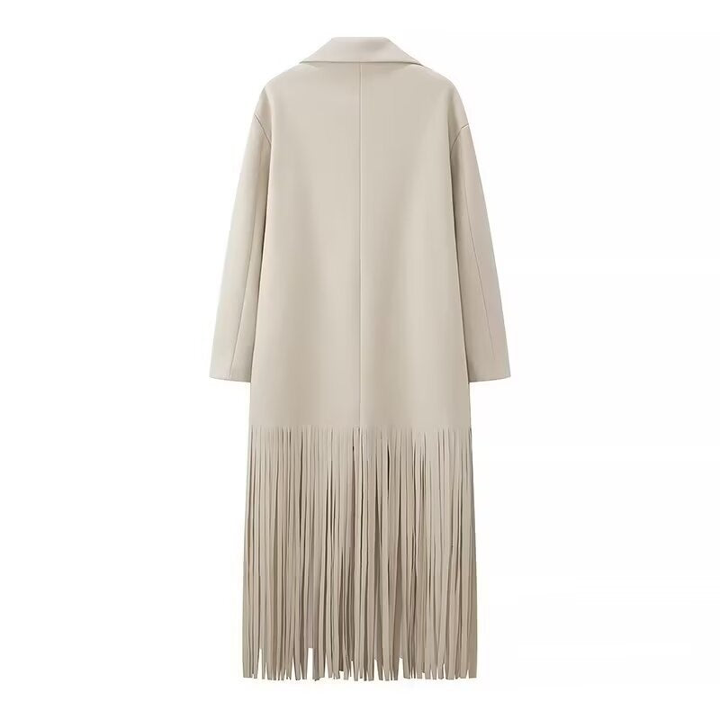 Damen Langmantel mit langem Fransen‑Saum, kastiger Oversize‑Silhouette und Reverskragen Shop Nory