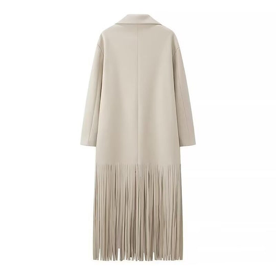 Damen Langmantel mit langem Fransen‑Saum, kastiger Oversize‑Silhouette und Reverskragen Shop Nory
