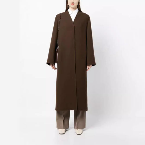 Damen Maxilanger minimalistischer Mantel mit verdeckter Front und kastiger Schulter Shop Nory