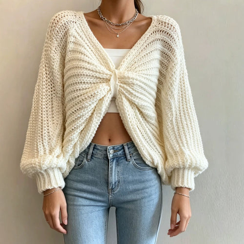 Damen Cropped Strickcardigan mit Knotendetail und Ballonärmeln Shop Nory