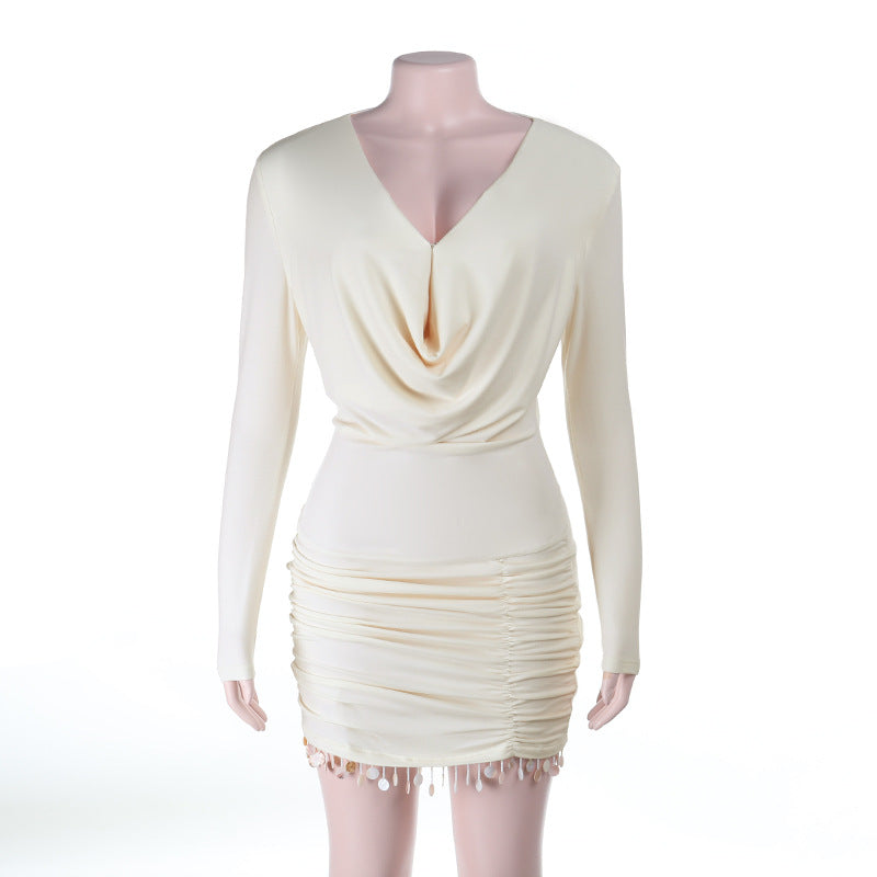 Damen Langärmeliges Minikleid mit Wasserfallausschnitt, gerafftem Hüftbereich und Perlenfransen Shop Nory