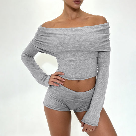 Damen nan Off-Shoulder Lounge-Set mit Langarm-Croptop und Highwaist-Shorts aus Stretchjersey Shop Nory
