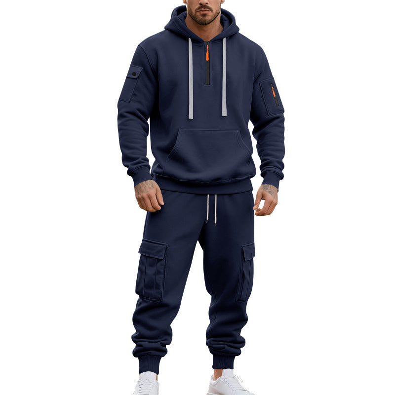 Herren nan zweiteiliges Utility-Freizeitset Hoodie mit halbhohem Reißverschluss, Ärmeltasche und Cargo-Jogginghose mit Klappentaschen Shop Nory