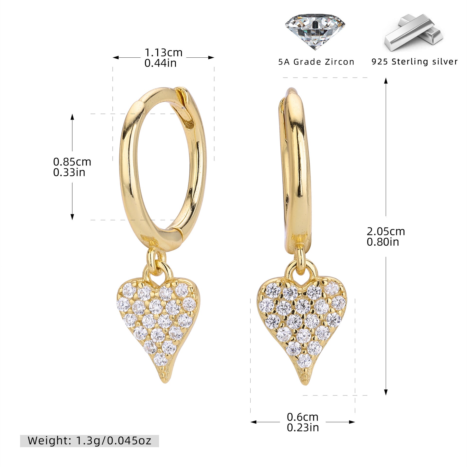 Damen Ohrhänger mit Herzanhänger aus 925 Sterling Silber und funkelnden Zirkonia Shop Nory