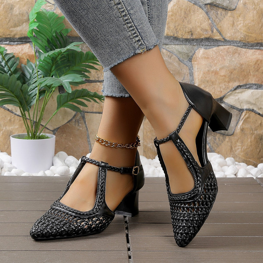 Damen elegante T-strap Sandaletten mit geflochtenem Design und komfortablem Blockabsatz