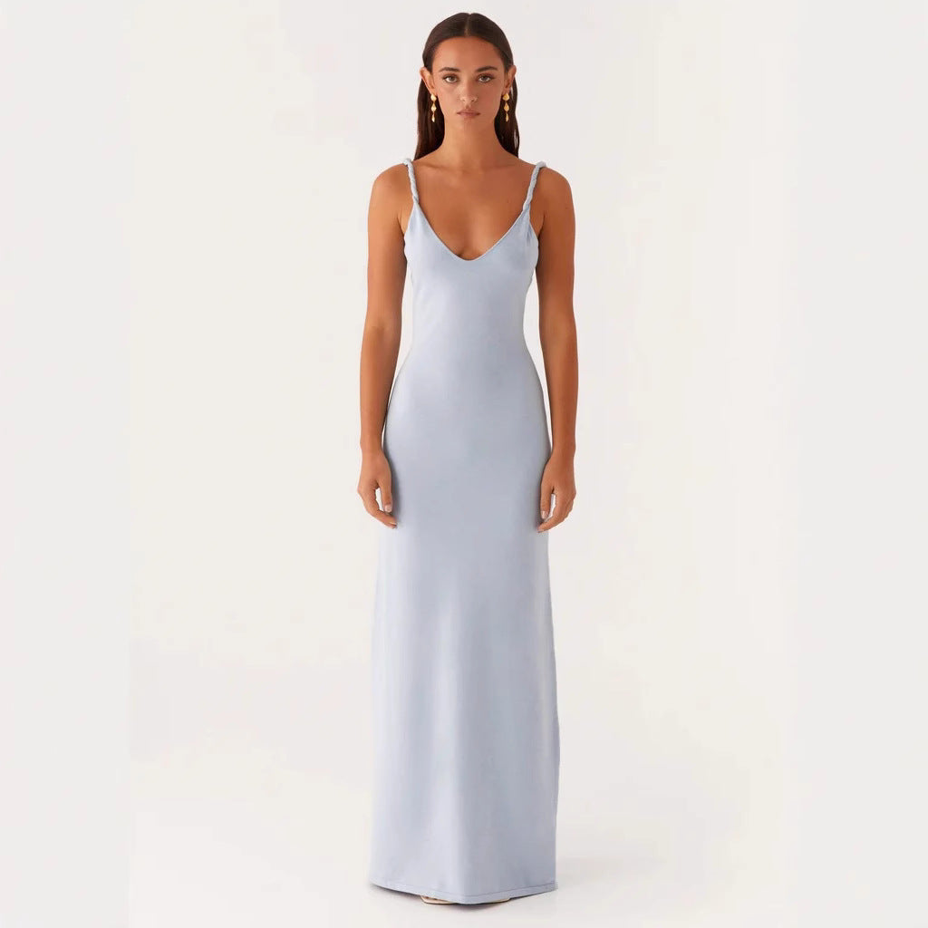 Damen Elegantes Maxirockkleid mit tiefem V-Ausschnitt und feinen Trägern