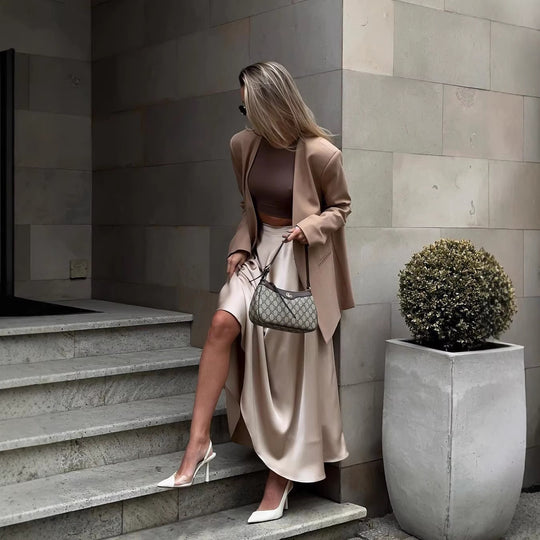 Damen Fließender Satin-Midirock mit hohem Bund und Tellerfalten Shop Nory