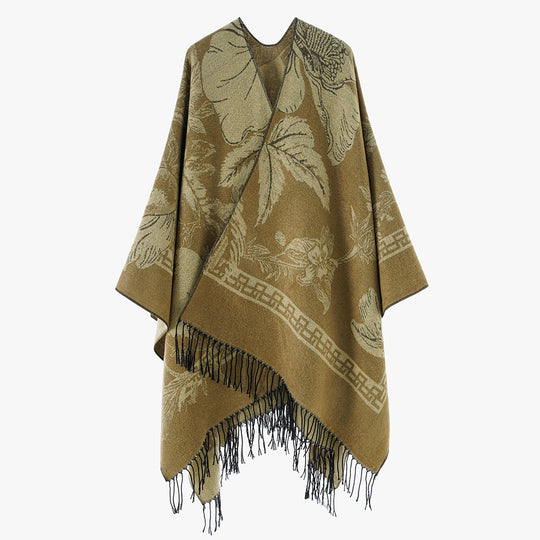 Damen Leichter Jacquard‑Poncho mit floralem Allovermuster, asymmetrischem Zipfelsaum und Fransen Shop Nory