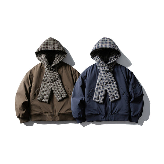 Herren Winddichter Bomberjacke mit gesteppter karierter Kapuze und integriertem Schal Shop Nory