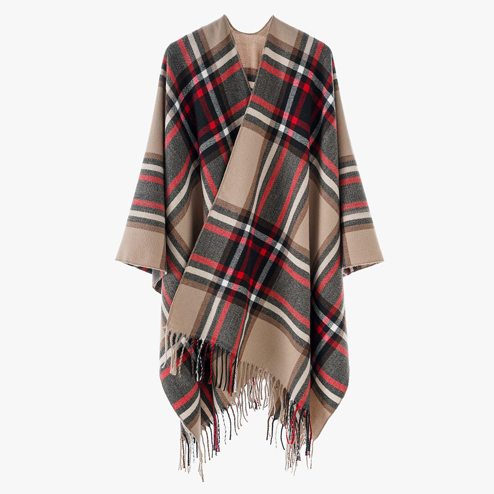 Damen Karierter Oversize-Überwurfponcho mit V-Ausschnitt und Fransensaum Shop Nory