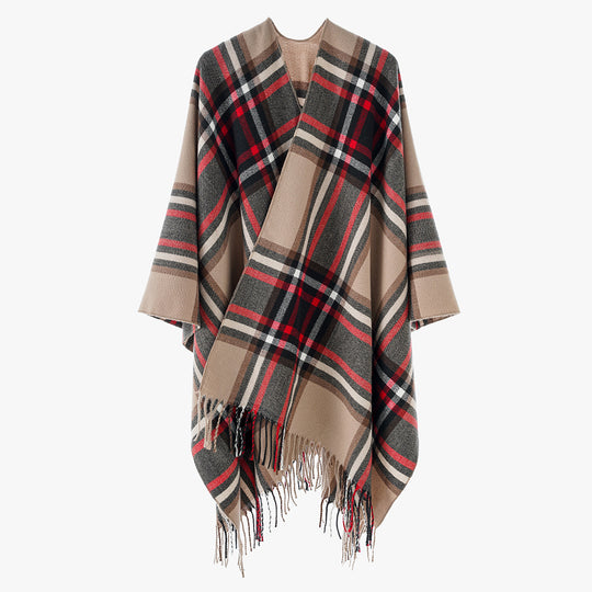 Damen Karierter Oversize-Überwurfponcho mit V-Ausschnitt und Fransensaum Shop Nory