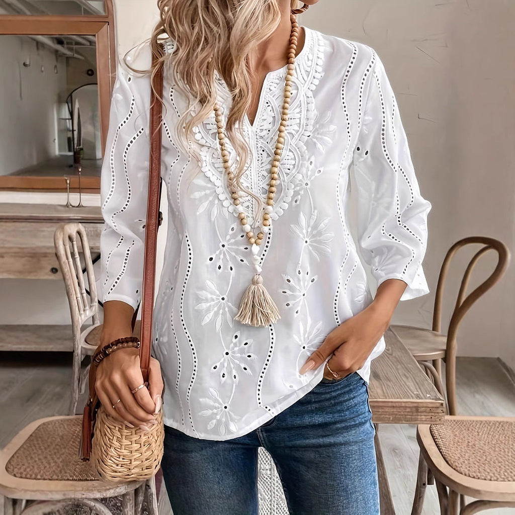 Damen elegante Tambour-Bluse mit floralen Stickereien
