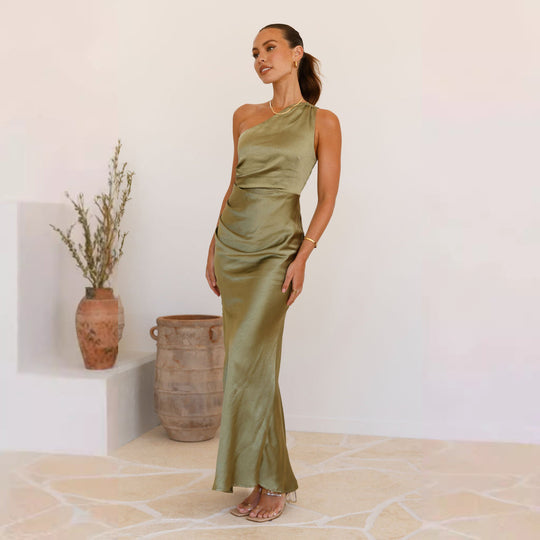 Damen Maxikleid mit asymmetrischem Schnitt und elegantem Satin-Finish