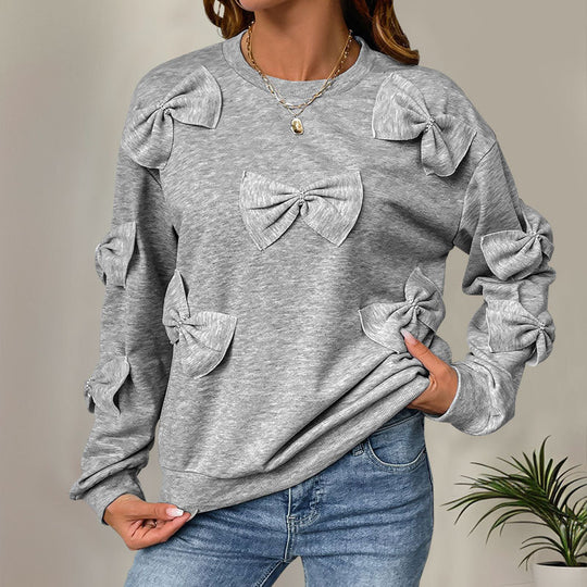 Damen Kuschel-Sweatshirt mit 3D-Schleifenapplikationen, Rundhals & Rippbündchen Shop Nory