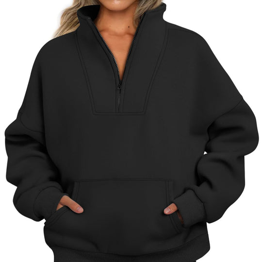 Damen nan oversized Halbzip-Hoodie mit hohem Stehkragen, Kängurutasche und gerippten Bündchen Shop Nory