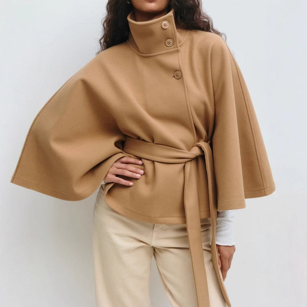 Damen Kurzmantel mit Stehkragen, tailliertem Gürtel und Kimonoärmeln Shop Nory