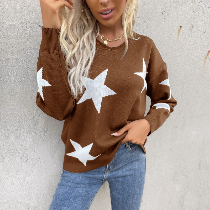 Damen Sternen-Feinstrickpullover mit V-Ausschnitt und lässiger Oversize-Passform Shop Nory