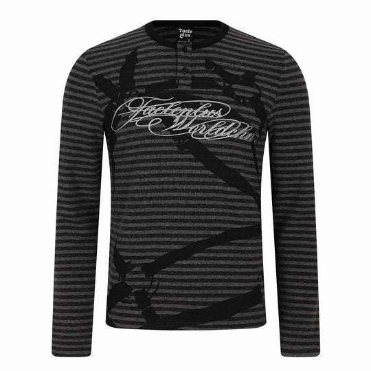 Herren Gestreiftes Longsleeve-Henley mit Knopfleiste und Typo-Print Shop Nory